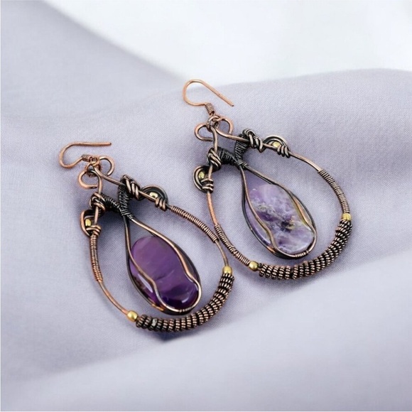 Star Amethyst Handmade Copper Wire Wrapped Earrings Jewelry - Picture 4 of 6
